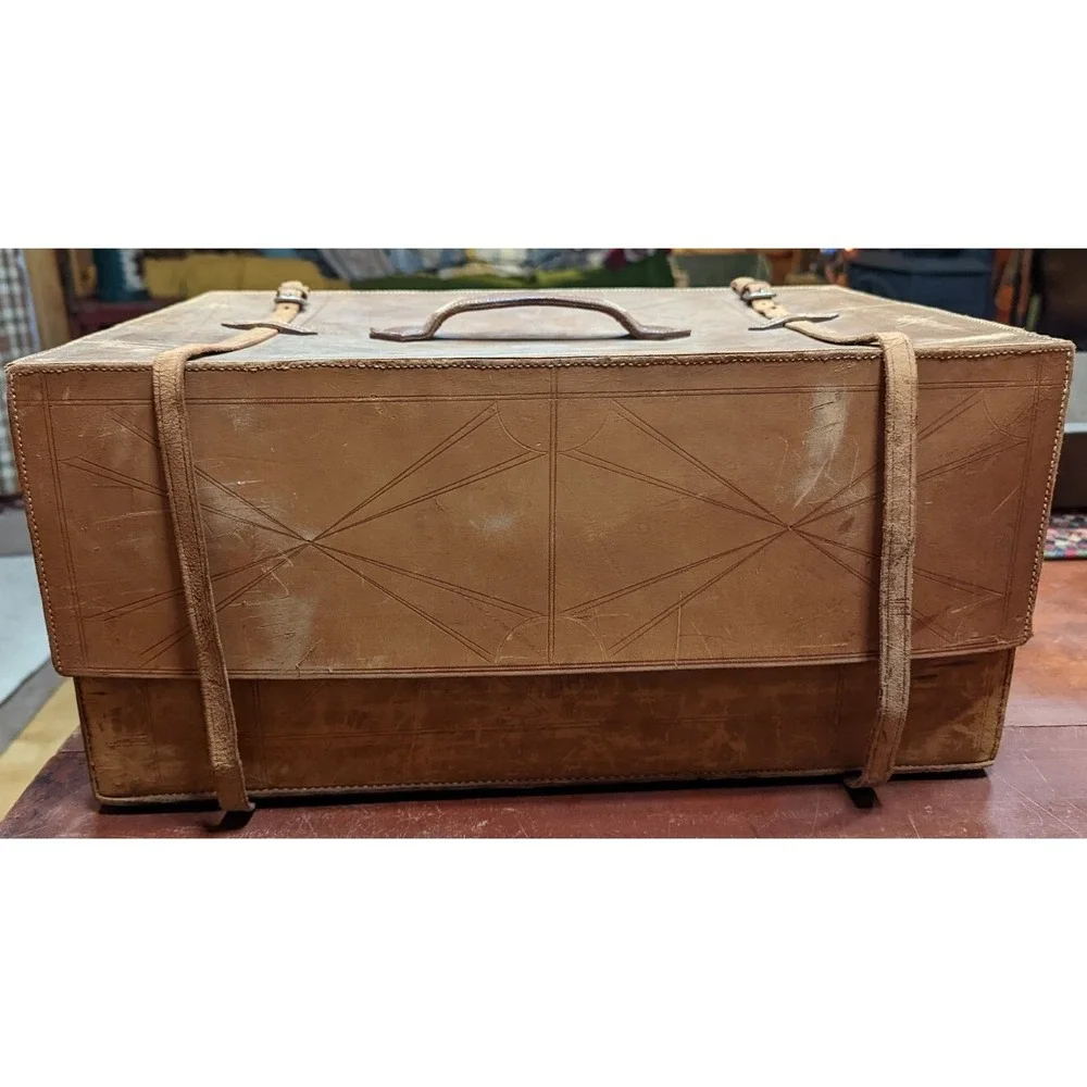 Vintage Leather Decorative Luggage Travel Decor Box Storage w Straps J.A.Rasico